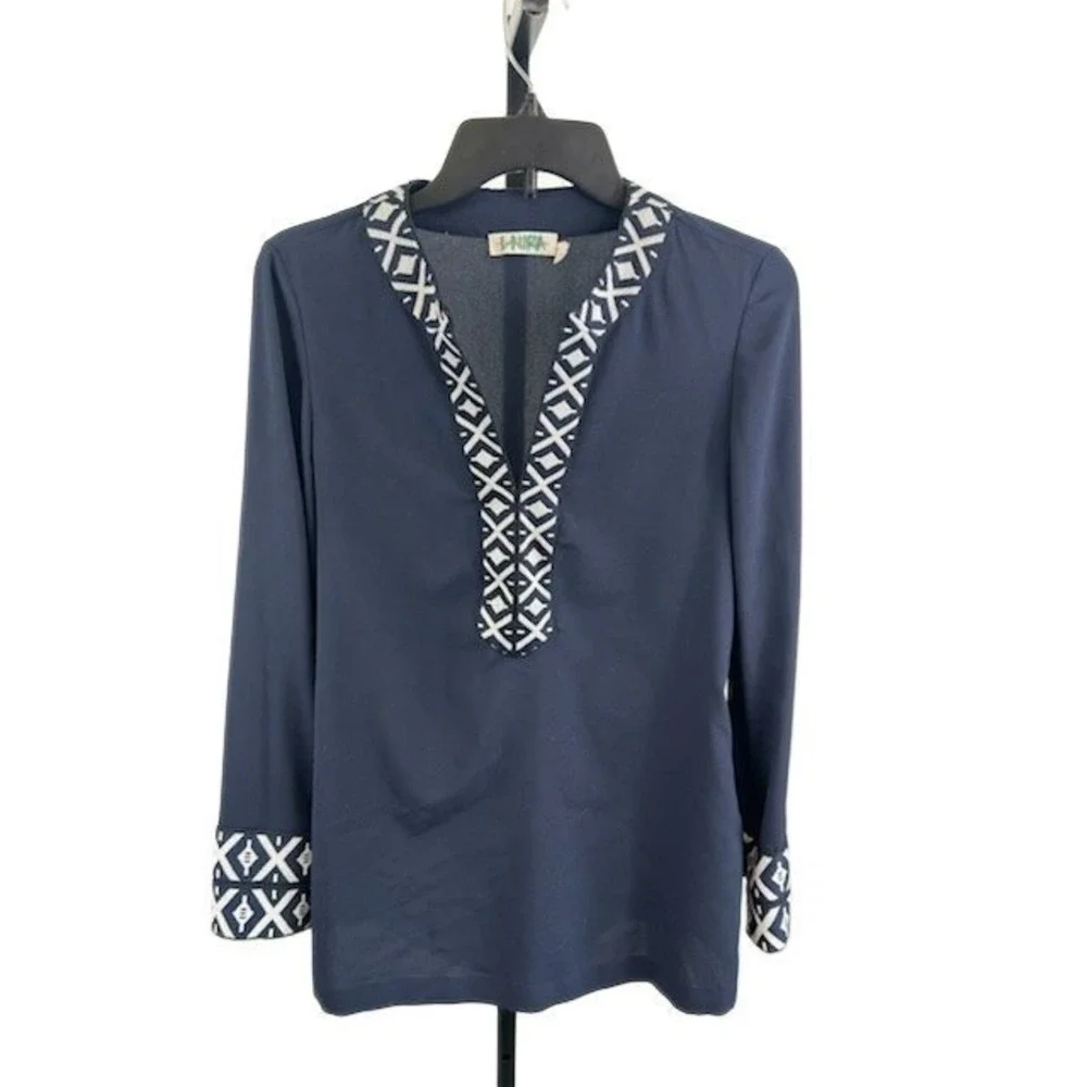 Tory Burch‎ Navy Blue Long Sleeve Tunic Top Blouse Geometric Women's Size 4